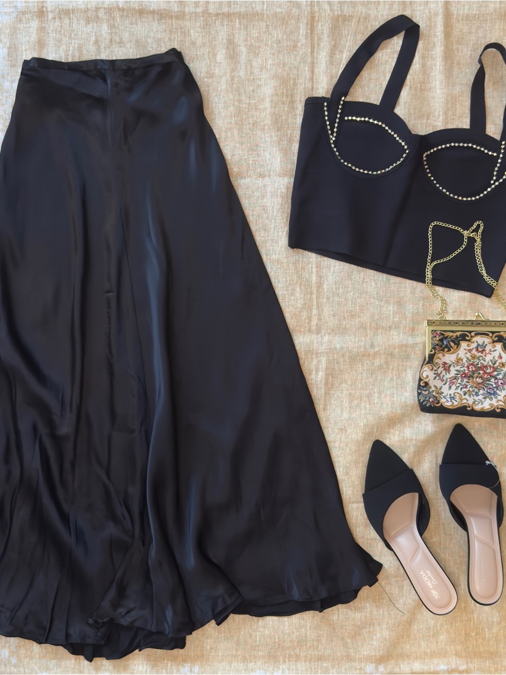 Zara Black Satin A-Line Maxi Skirt